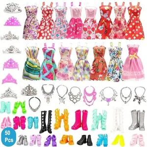 50 Piece Set Fashion Doll Clothing Barbie Style Outfits Accessories Dress Up Lot